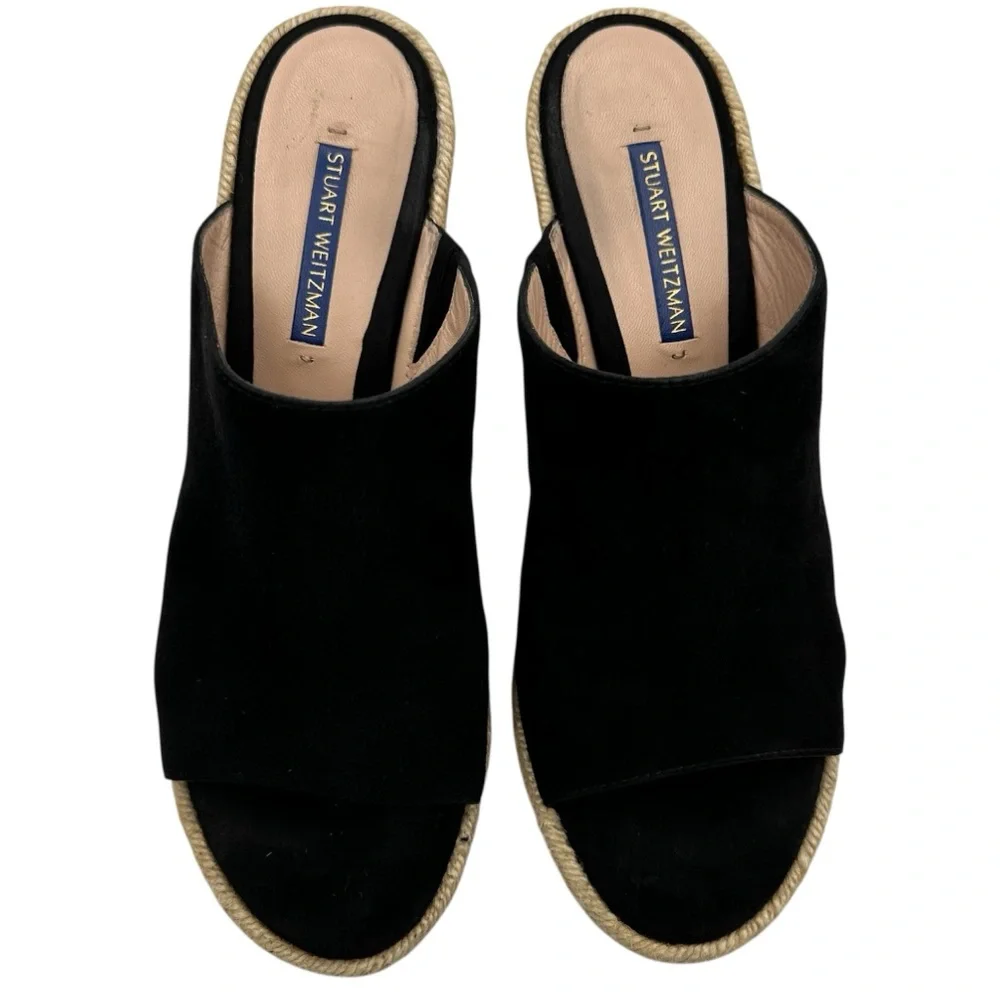 Stuart Weitzman Marabella Black Suede Espadrille Wedge Mules Sandals Size 9.5 - Picture 2 of 10